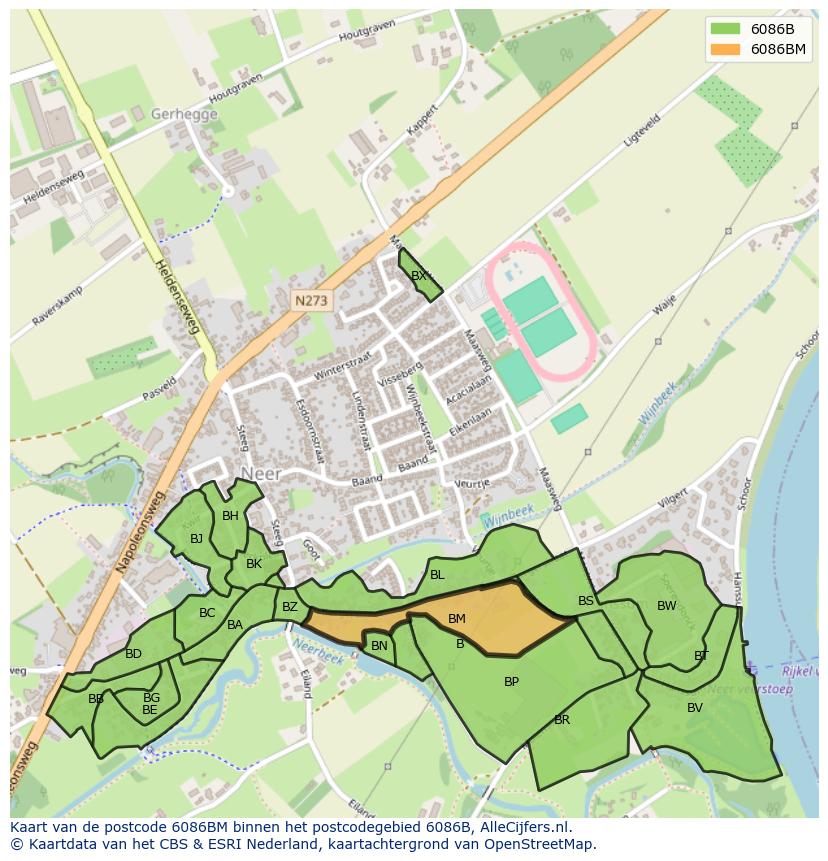Afbeelding van het postcodegebied 6086 BM op de kaart.