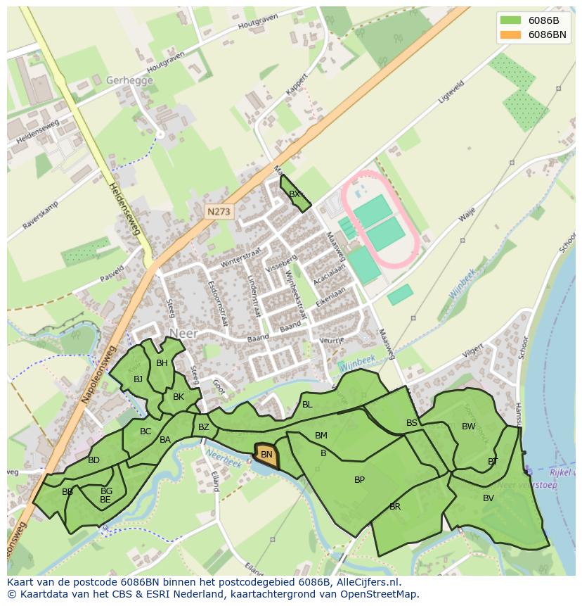 Afbeelding van het postcodegebied 6086 BN op de kaart.