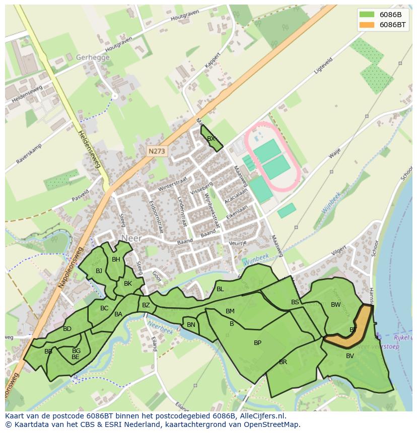 Afbeelding van het postcodegebied 6086 BT op de kaart.