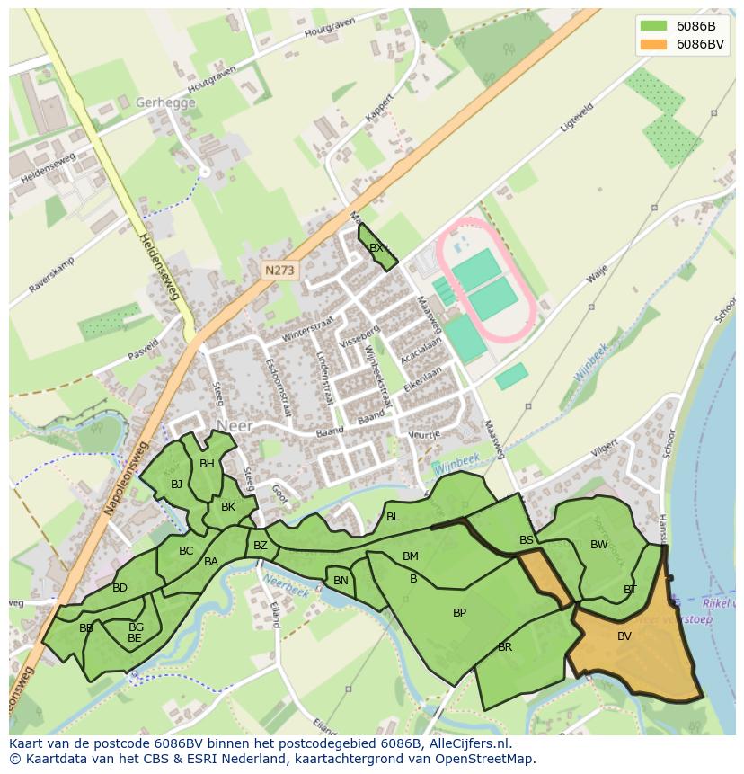 Afbeelding van het postcodegebied 6086 BV op de kaart.