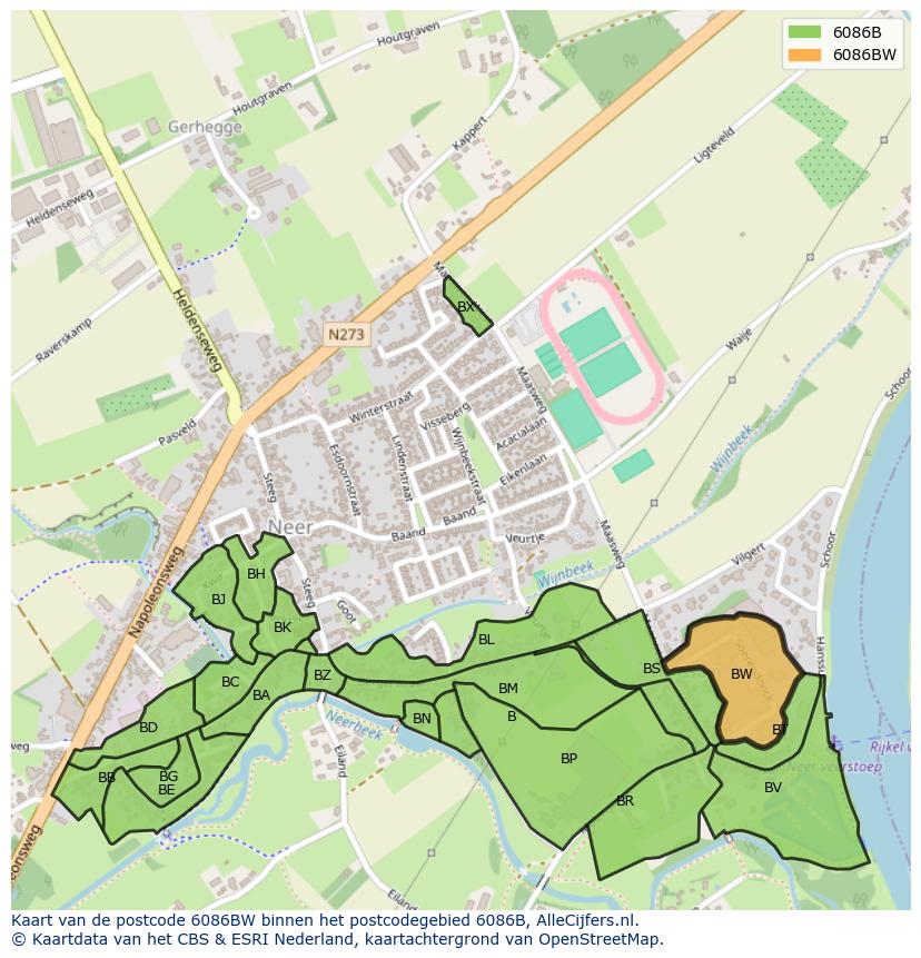 Afbeelding van het postcodegebied 6086 BW op de kaart.