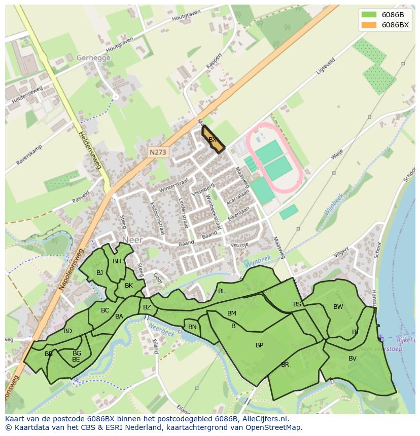 Afbeelding van het postcodegebied 6086 BX op de kaart.