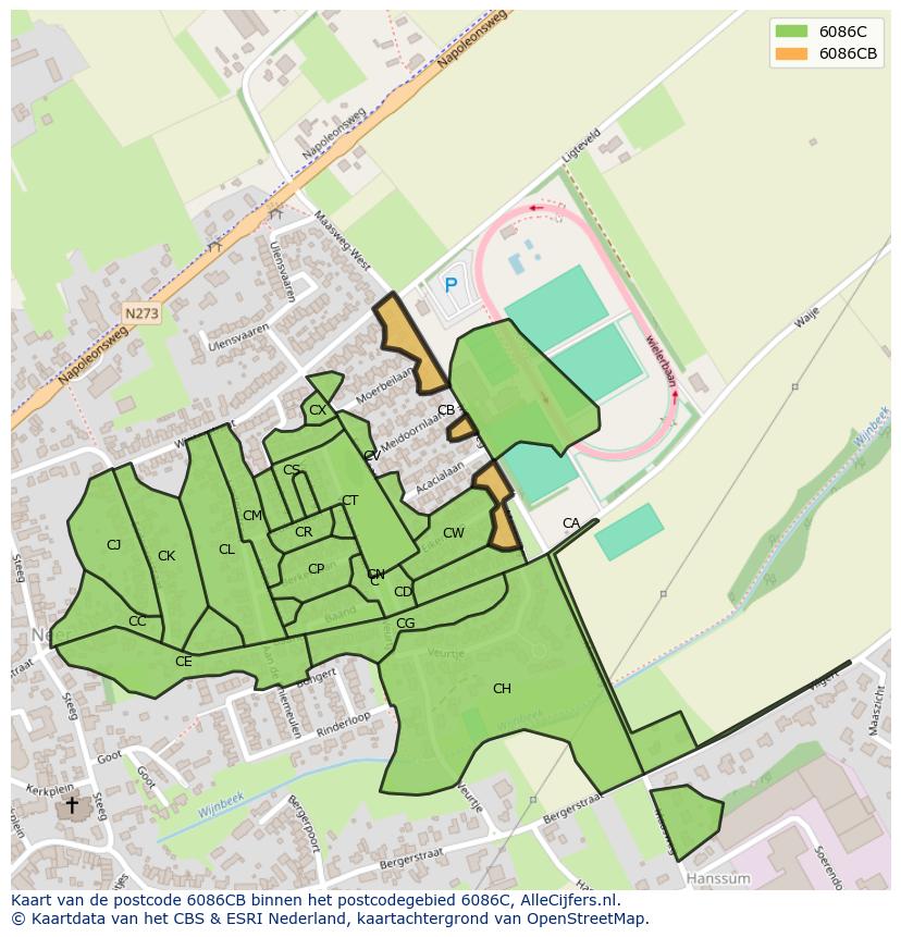 Afbeelding van het postcodegebied 6086 CB op de kaart.