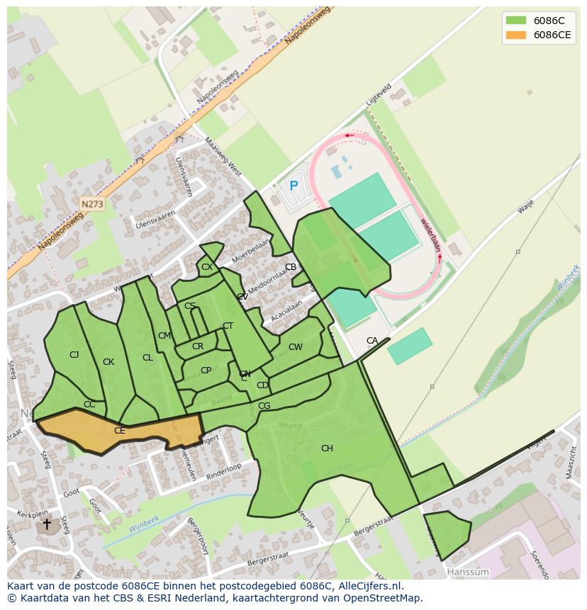 Afbeelding van het postcodegebied 6086 CE op de kaart.