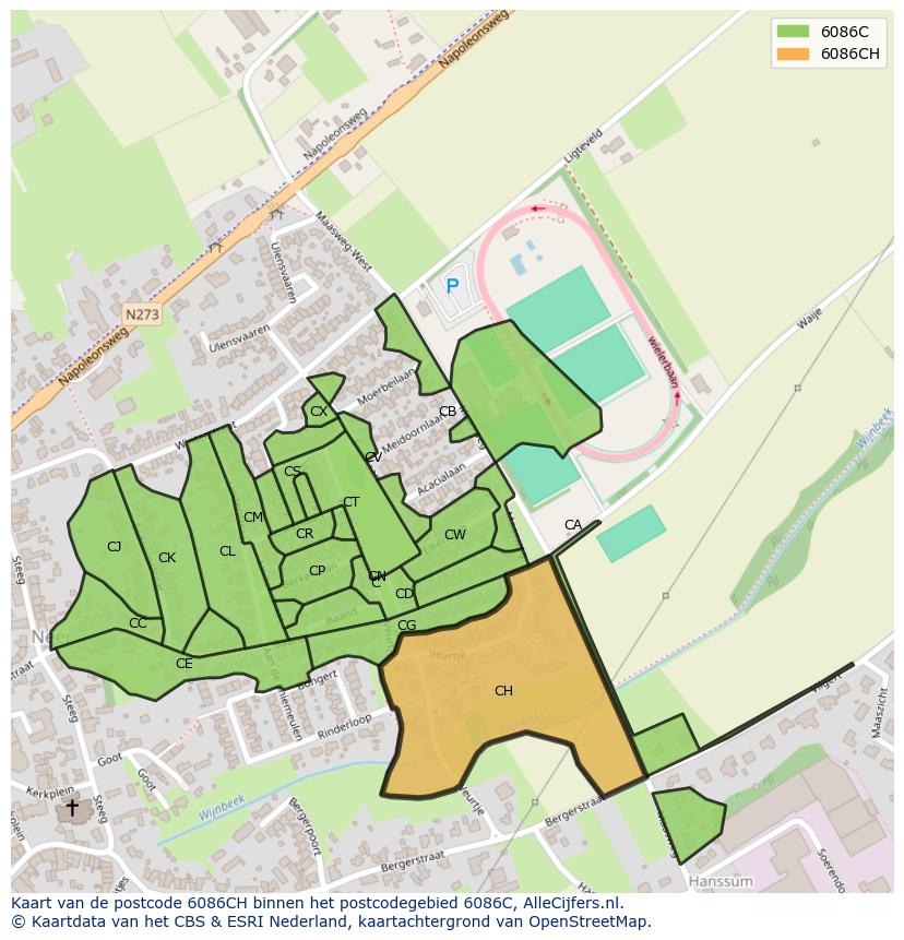 Afbeelding van het postcodegebied 6086 CH op de kaart.