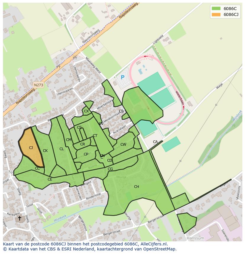 Afbeelding van het postcodegebied 6086 CJ op de kaart.