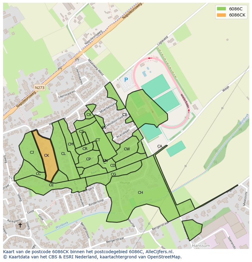 Afbeelding van het postcodegebied 6086 CK op de kaart.