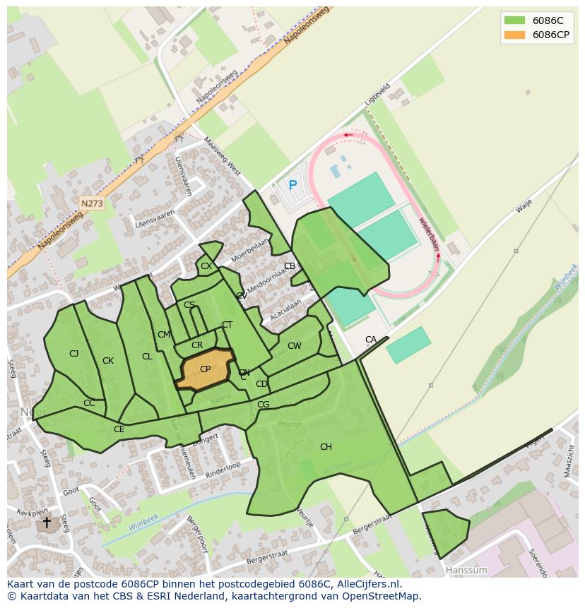 Afbeelding van het postcodegebied 6086 CP op de kaart.