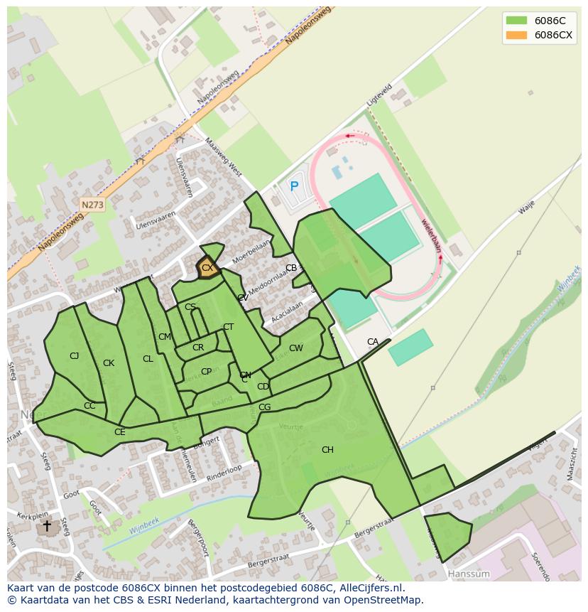 Afbeelding van het postcodegebied 6086 CX op de kaart.