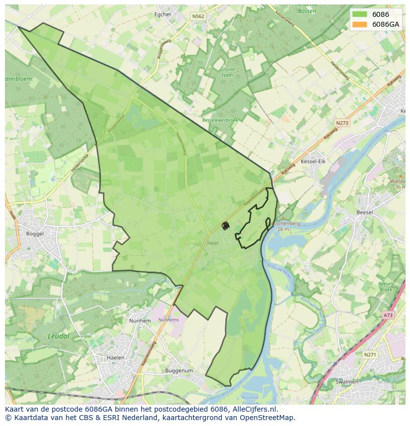 Afbeelding van het postcodegebied 6086 GA op de kaart.