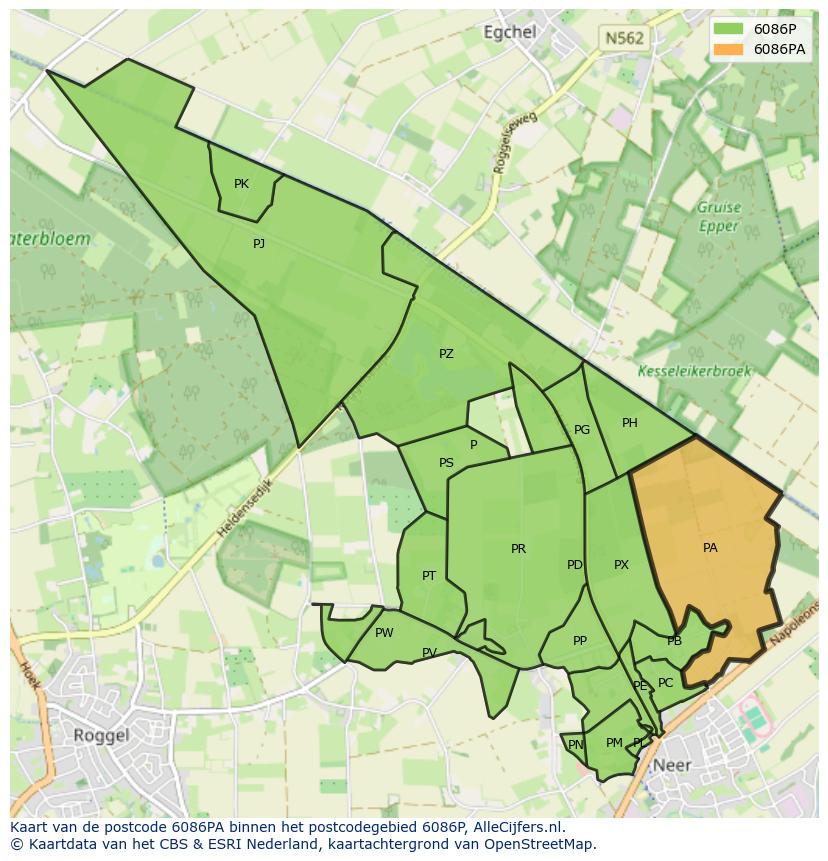 Afbeelding van het postcodegebied 6086 PA op de kaart.