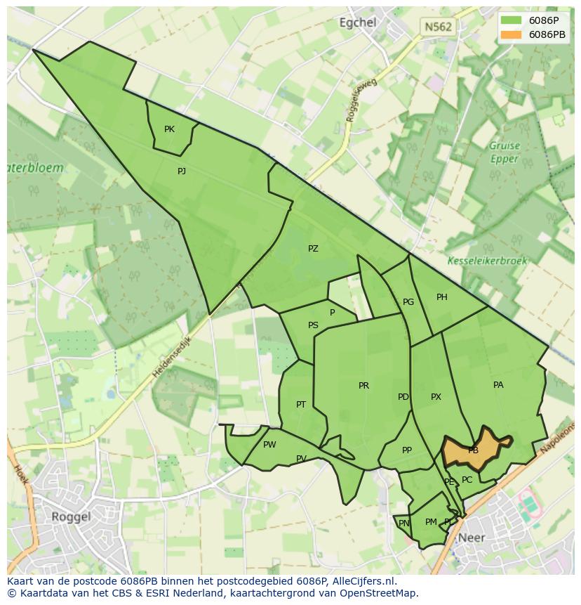Afbeelding van het postcodegebied 6086 PB op de kaart.