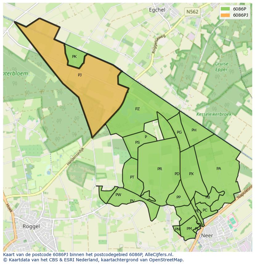 Afbeelding van het postcodegebied 6086 PJ op de kaart.