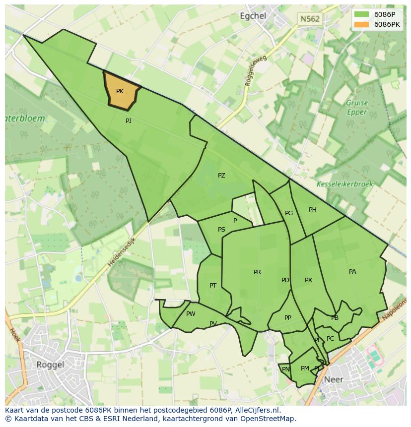 Afbeelding van het postcodegebied 6086 PK op de kaart.