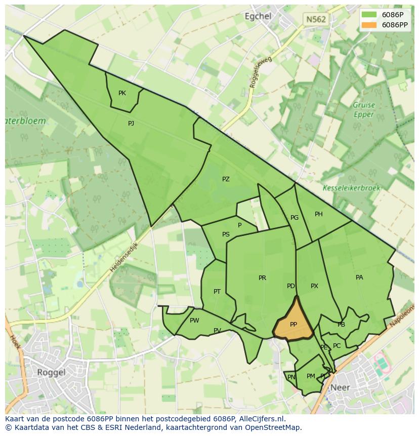 Afbeelding van het postcodegebied 6086 PP op de kaart.