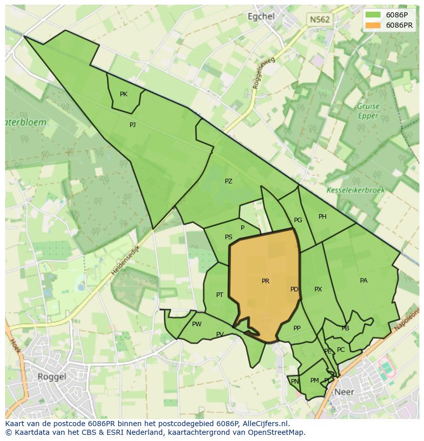 Afbeelding van het postcodegebied 6086 PR op de kaart.