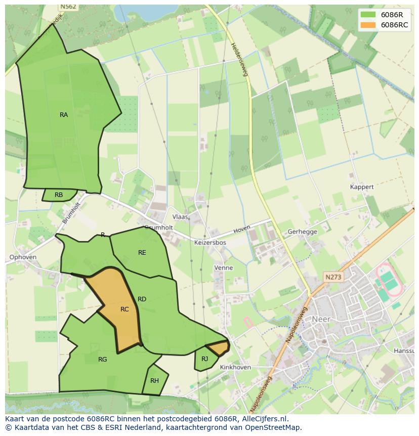 Afbeelding van het postcodegebied 6086 RC op de kaart.