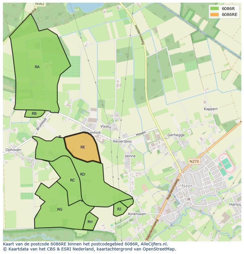 Afbeelding van het postcodegebied 6086 RE op de kaart.