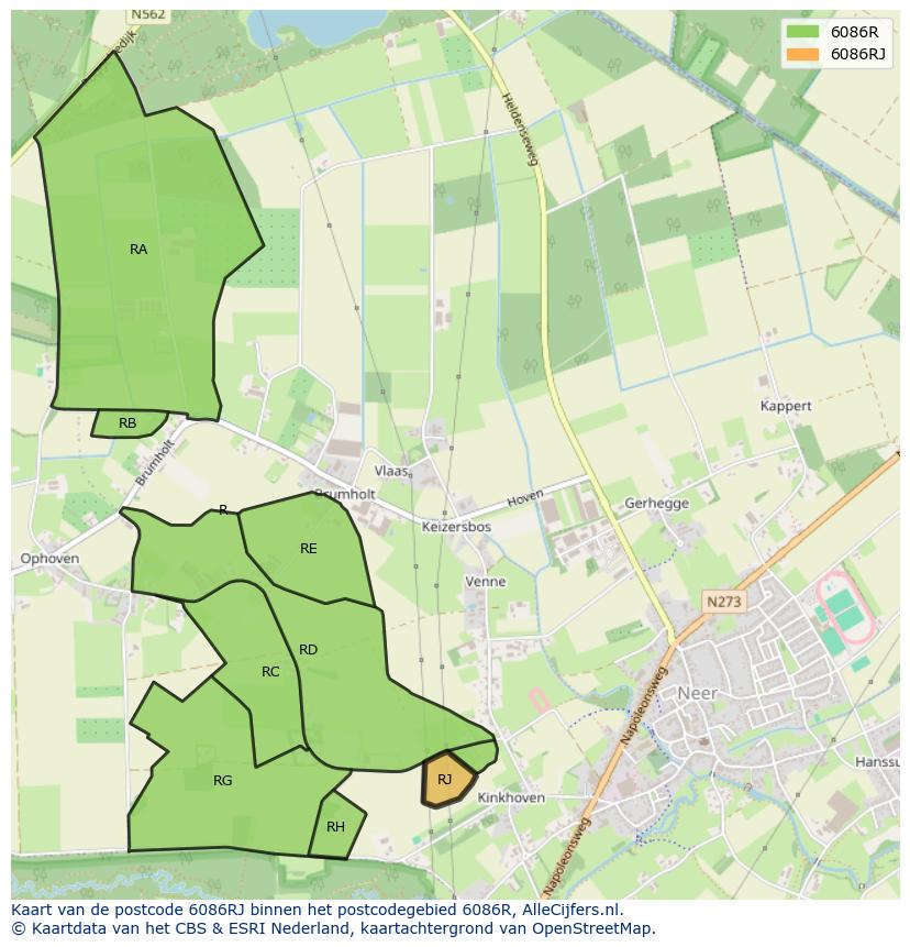 Afbeelding van het postcodegebied 6086 RJ op de kaart.
