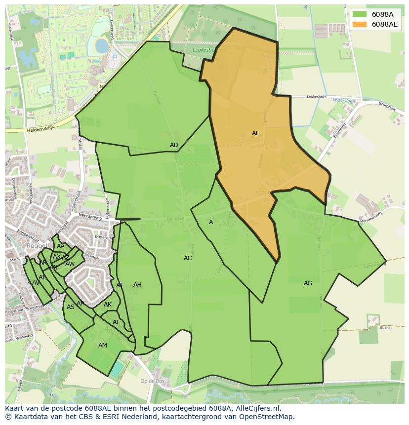 Afbeelding van het postcodegebied 6088 AE op de kaart.