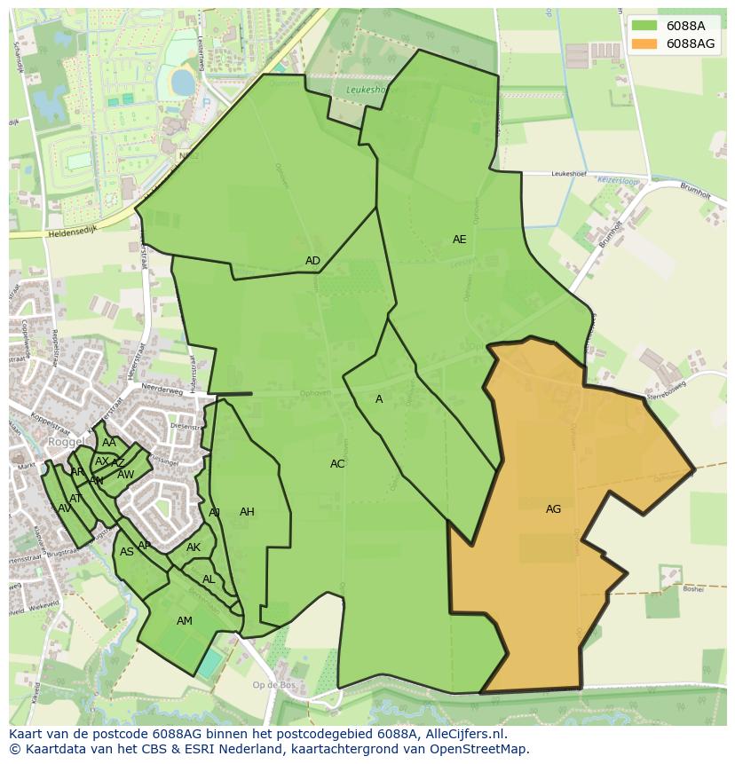 Afbeelding van het postcodegebied 6088 AG op de kaart.