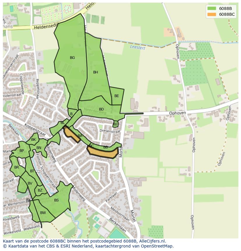 Afbeelding van het postcodegebied 6088 BC op de kaart.