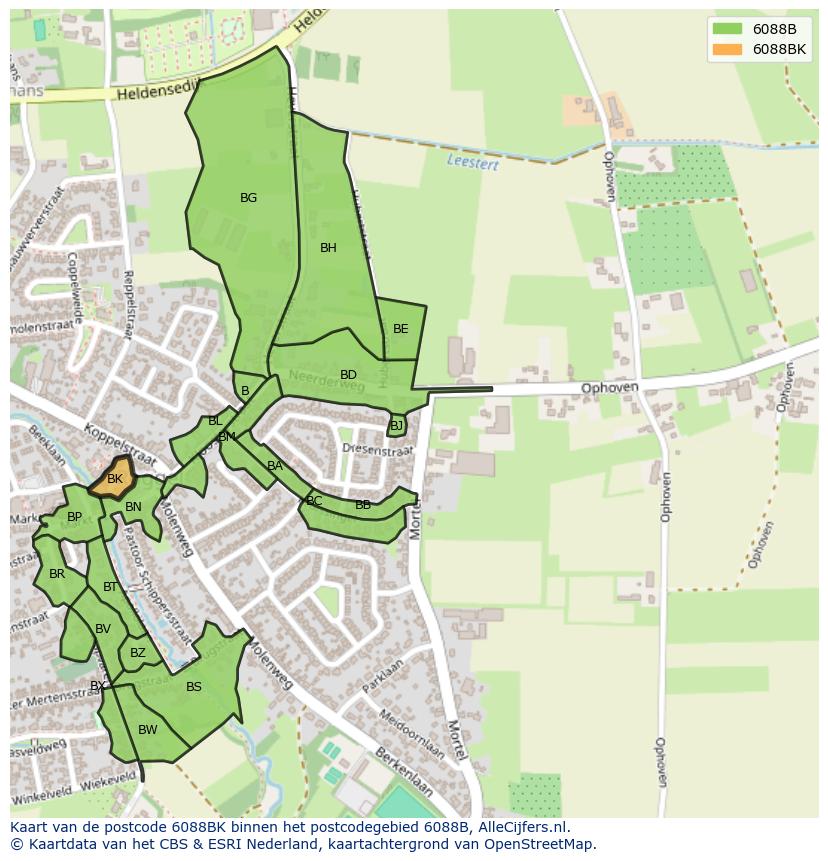 Afbeelding van het postcodegebied 6088 BK op de kaart.