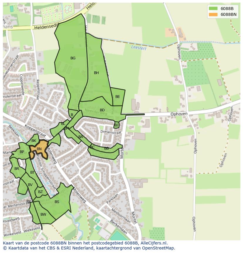 Afbeelding van het postcodegebied 6088 BN op de kaart.