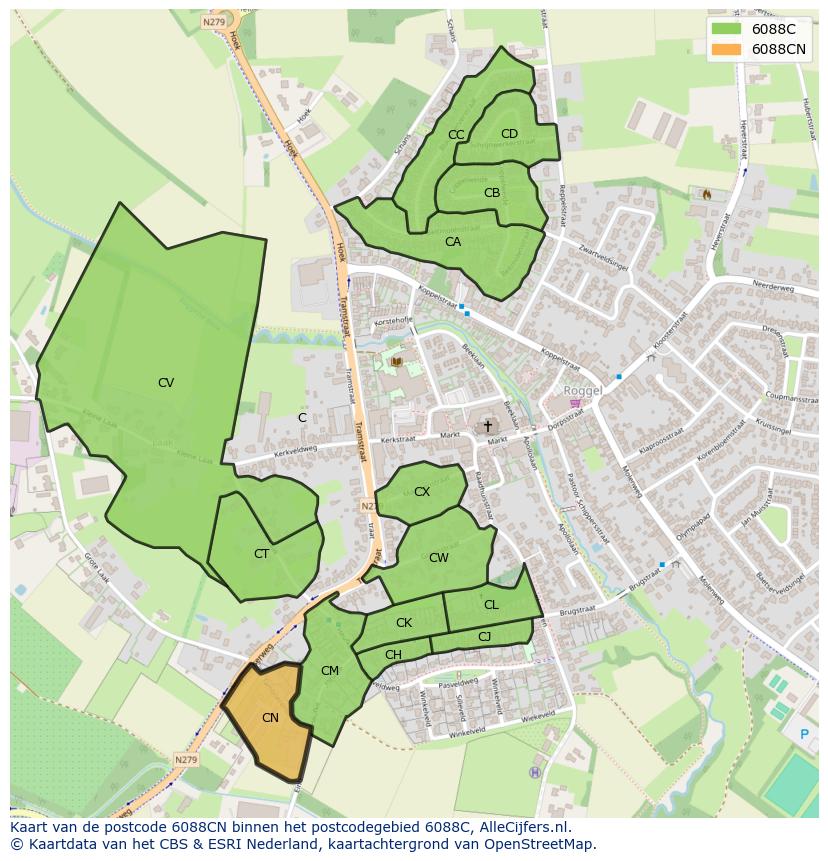 Afbeelding van het postcodegebied 6088 CN op de kaart.