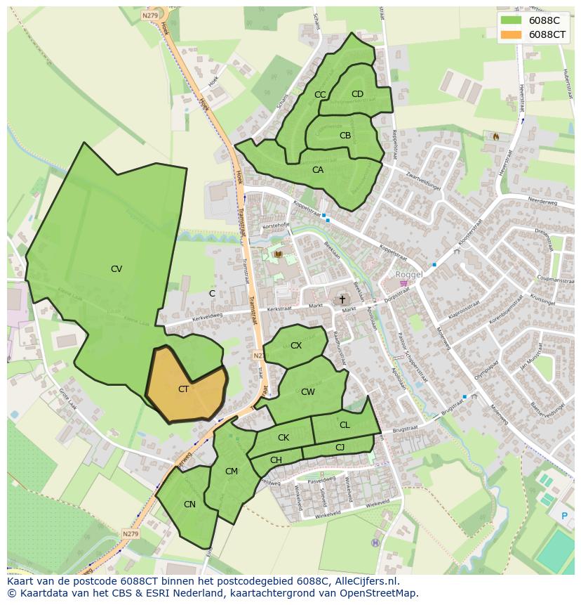 Afbeelding van het postcodegebied 6088 CT op de kaart.