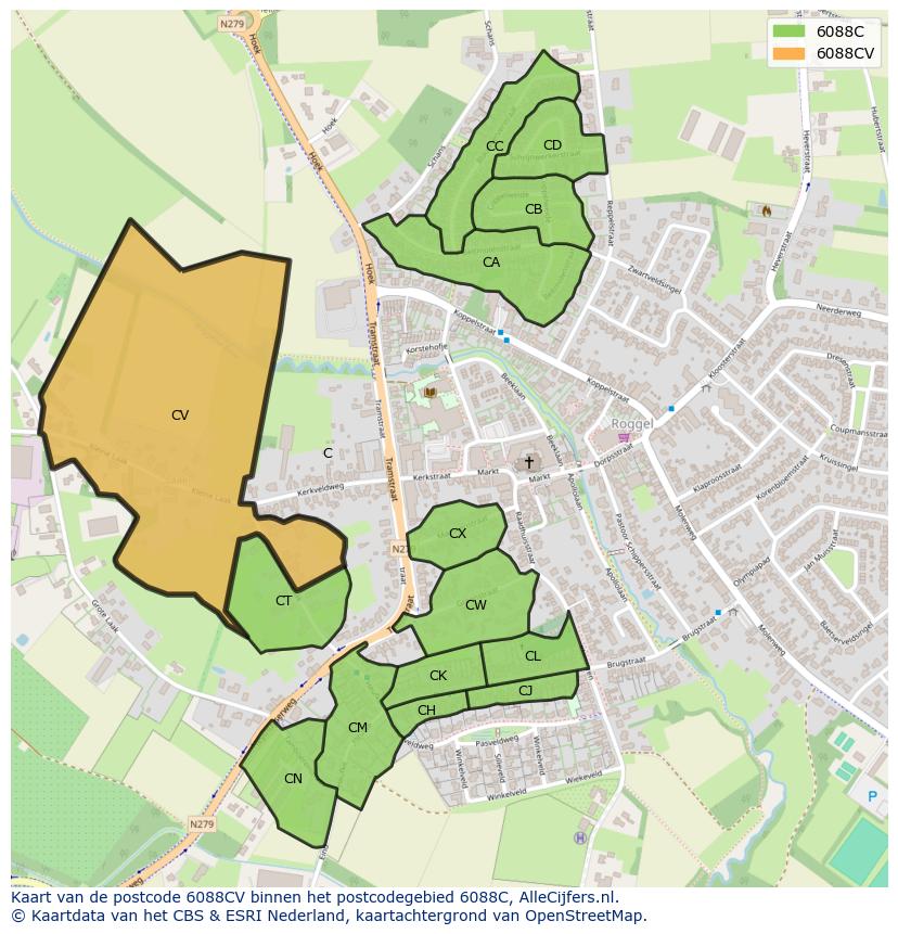 Afbeelding van het postcodegebied 6088 CV op de kaart.