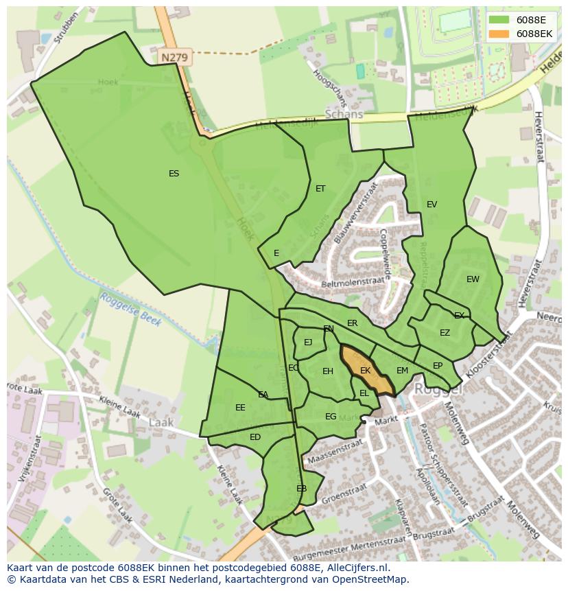 Afbeelding van het postcodegebied 6088 EK op de kaart.