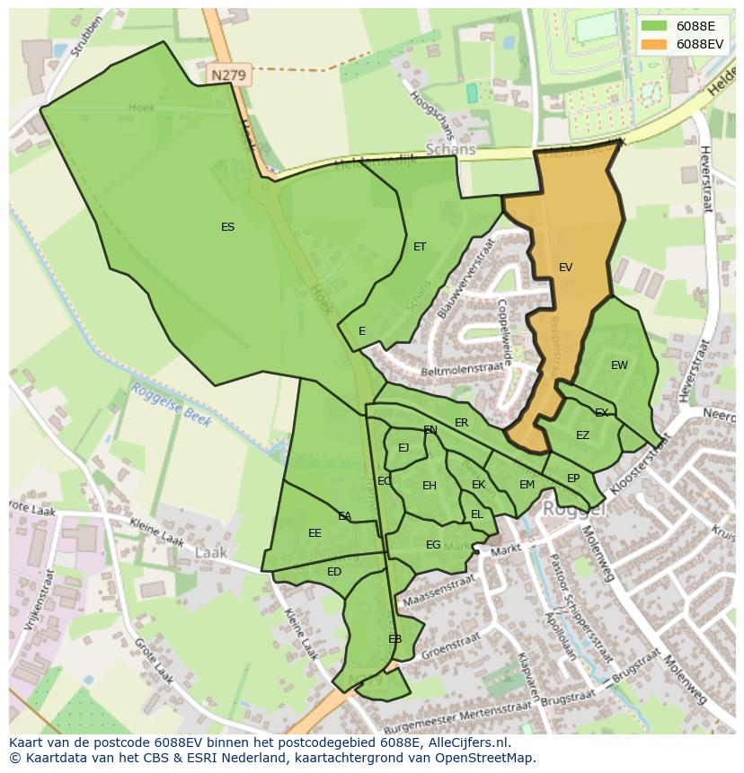 Afbeelding van het postcodegebied 6088 EV op de kaart.