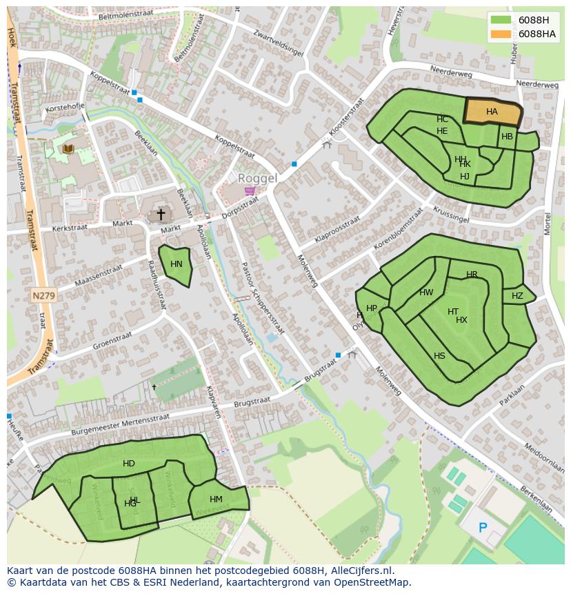 Afbeelding van het postcodegebied 6088 HA op de kaart.