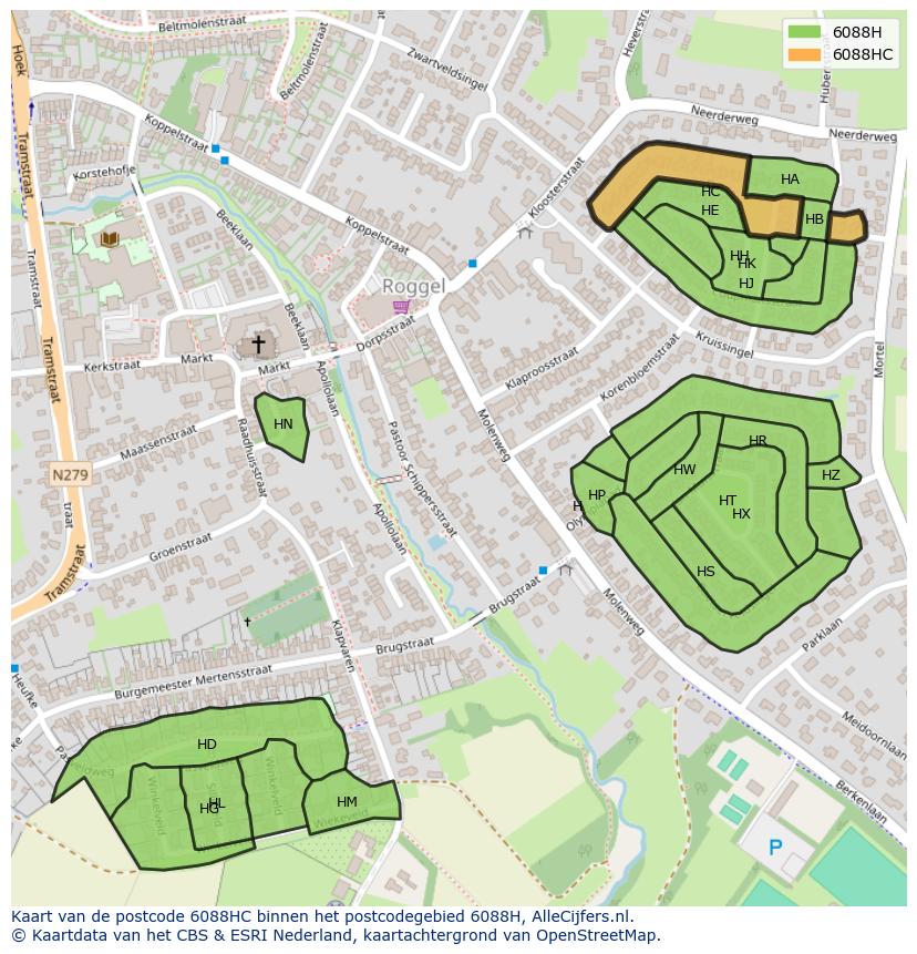 Afbeelding van het postcodegebied 6088 HC op de kaart.