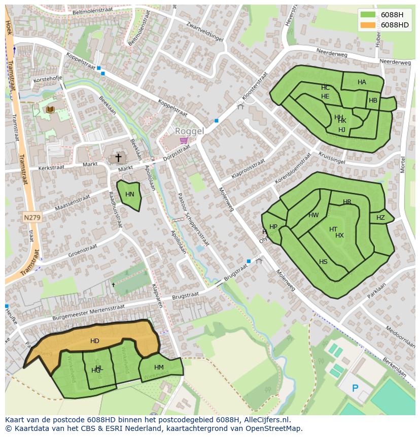 Afbeelding van het postcodegebied 6088 HD op de kaart.