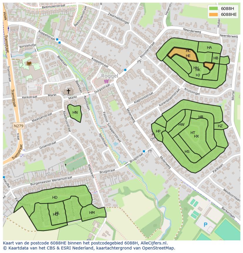 Afbeelding van het postcodegebied 6088 HE op de kaart.