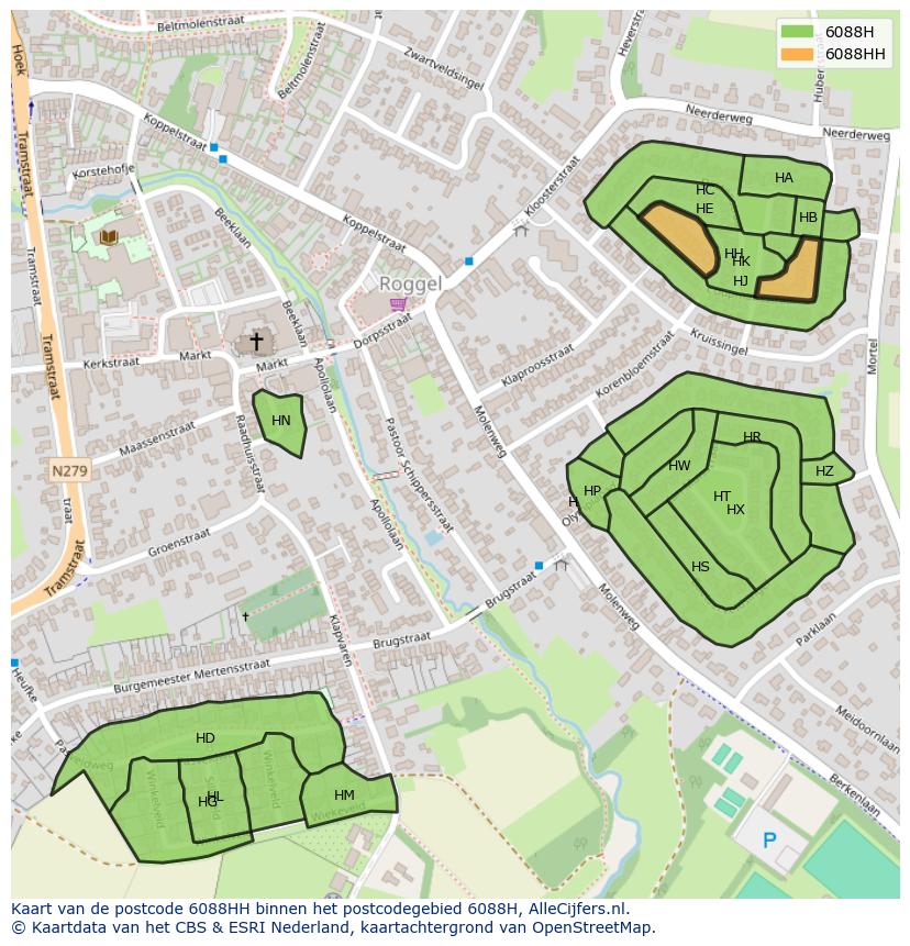 Afbeelding van het postcodegebied 6088 HH op de kaart.