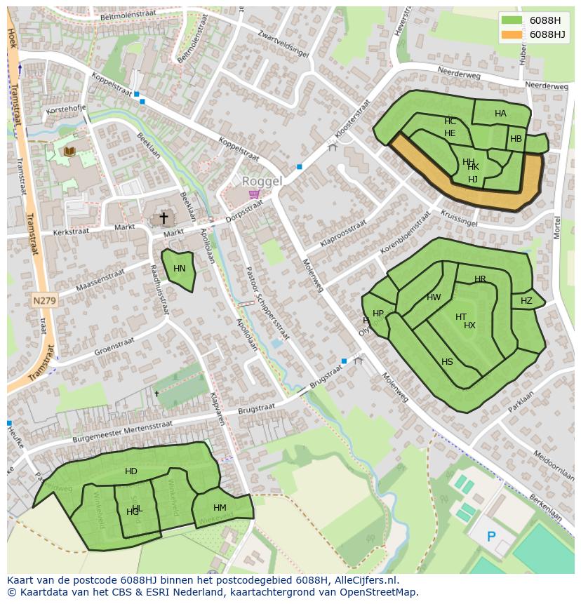 Afbeelding van het postcodegebied 6088 HJ op de kaart.