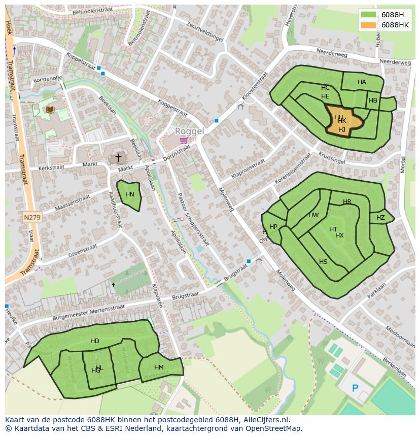 Afbeelding van het postcodegebied 6088 HK op de kaart.