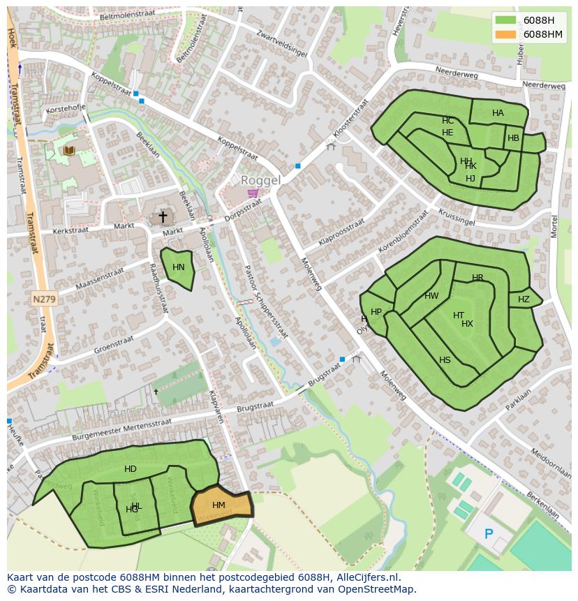 Afbeelding van het postcodegebied 6088 HM op de kaart.