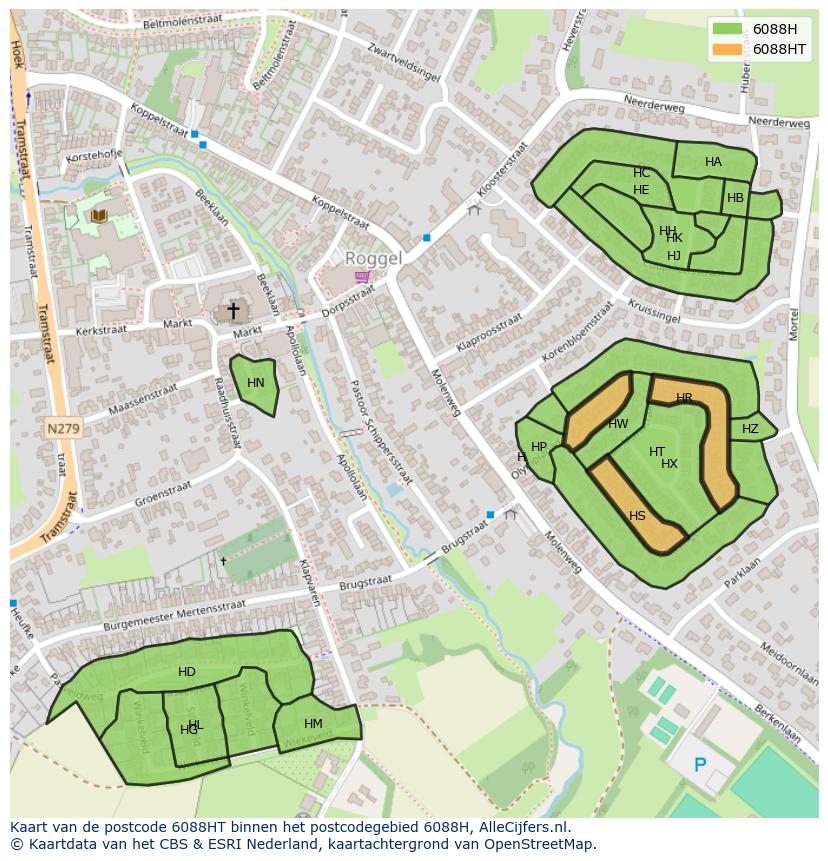 Afbeelding van het postcodegebied 6088 HT op de kaart.