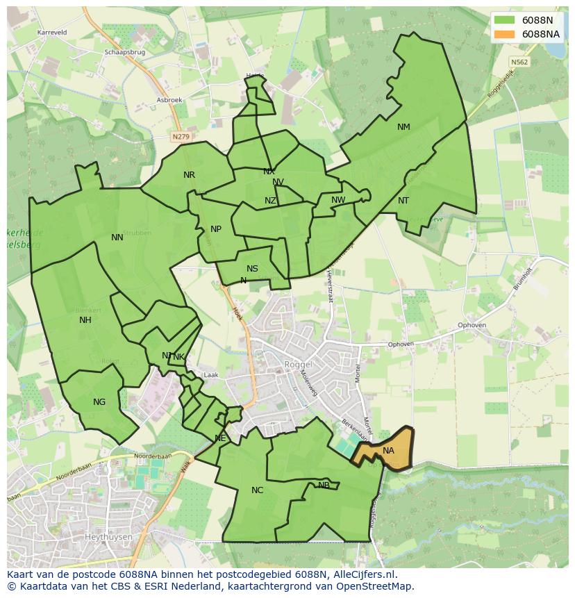 Afbeelding van het postcodegebied 6088 NA op de kaart.