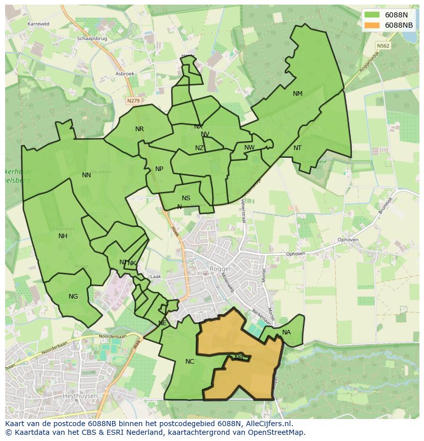 Afbeelding van het postcodegebied 6088 NB op de kaart.