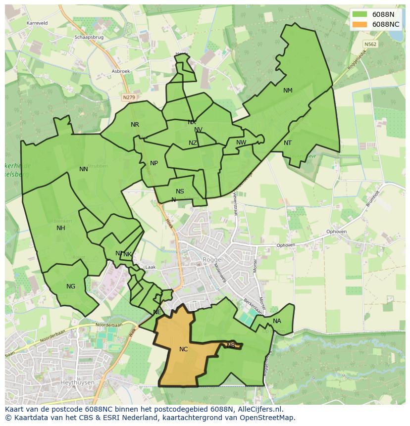 Afbeelding van het postcodegebied 6088 NC op de kaart.