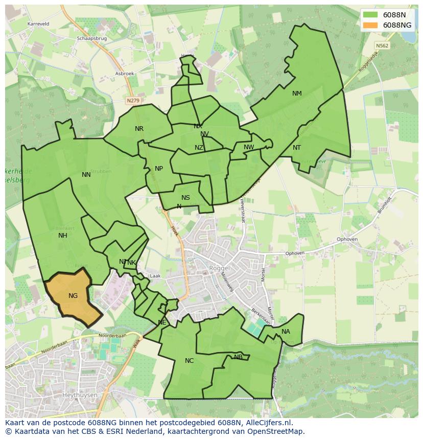 Afbeelding van het postcodegebied 6088 NG op de kaart.