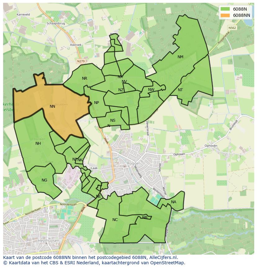 Afbeelding van het postcodegebied 6088 NN op de kaart.