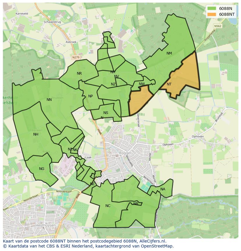 Afbeelding van het postcodegebied 6088 NT op de kaart.