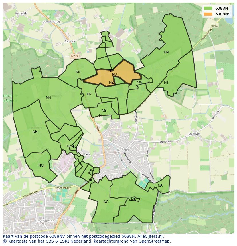 Afbeelding van het postcodegebied 6088 NV op de kaart.