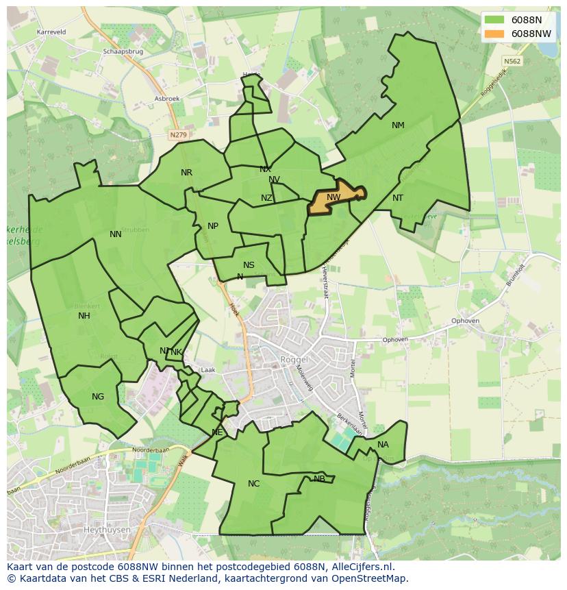 Afbeelding van het postcodegebied 6088 NW op de kaart.